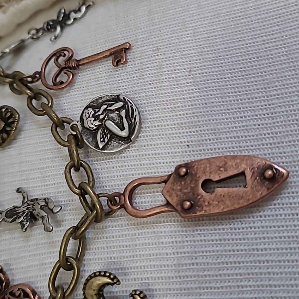 Charms Pendant Necklace 2 Strand Lock Key Fleur-de-lis Cherub Gold Silver Bronze - Picture 8 of 10
